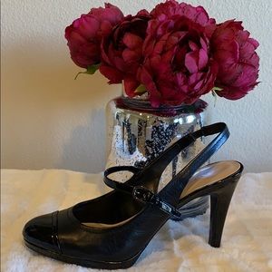 Franco Sarto Black Patent Mary Jane heels.